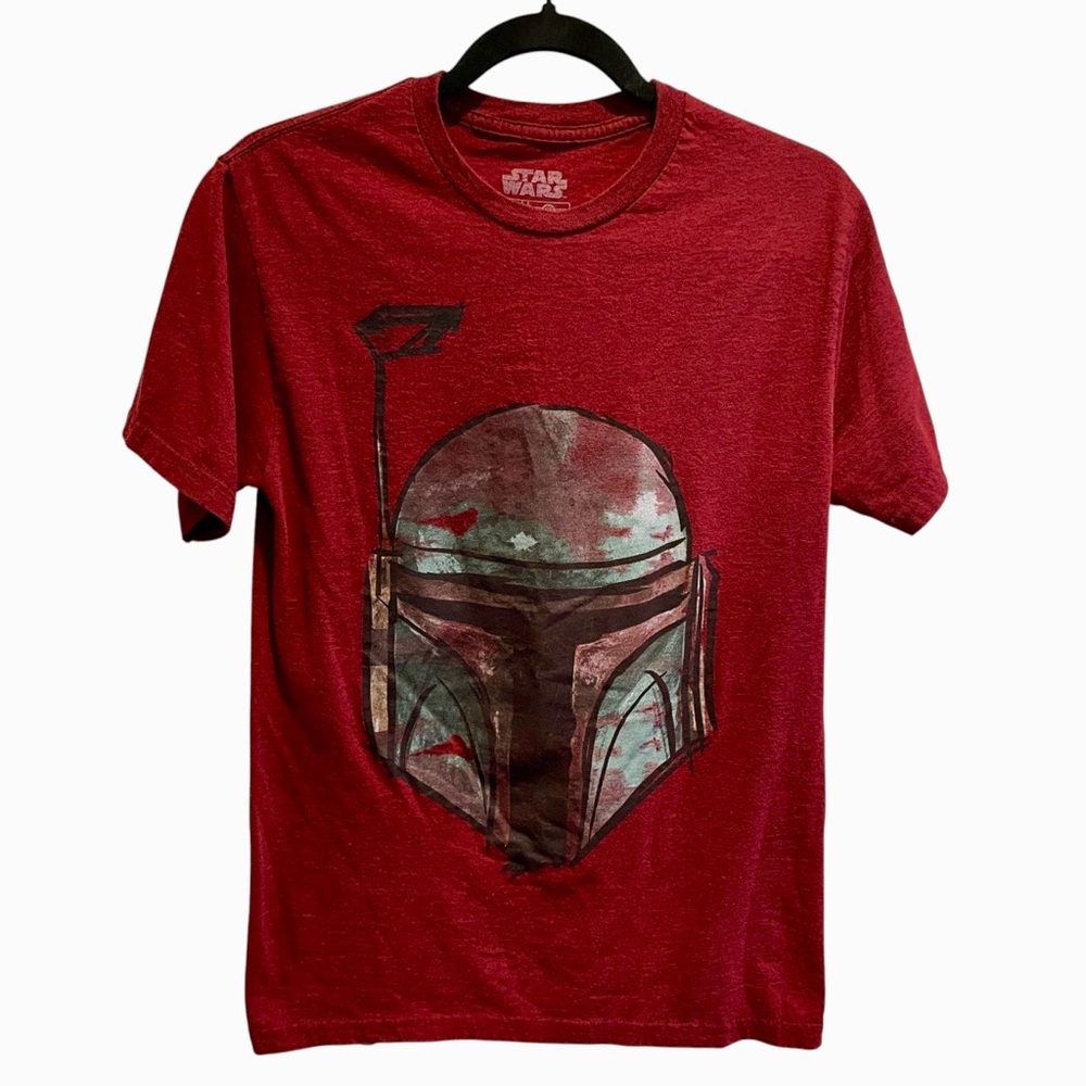 Star Wars Men's Red Short-Sleeve Tee w/ Boba Fett Helmet Art  size S mandarin